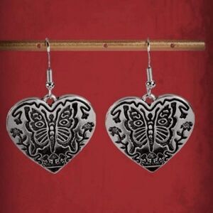 SILVER PUNK ROCK BUTTERFLY HEART UNIQUE DANGLE EARRINGS